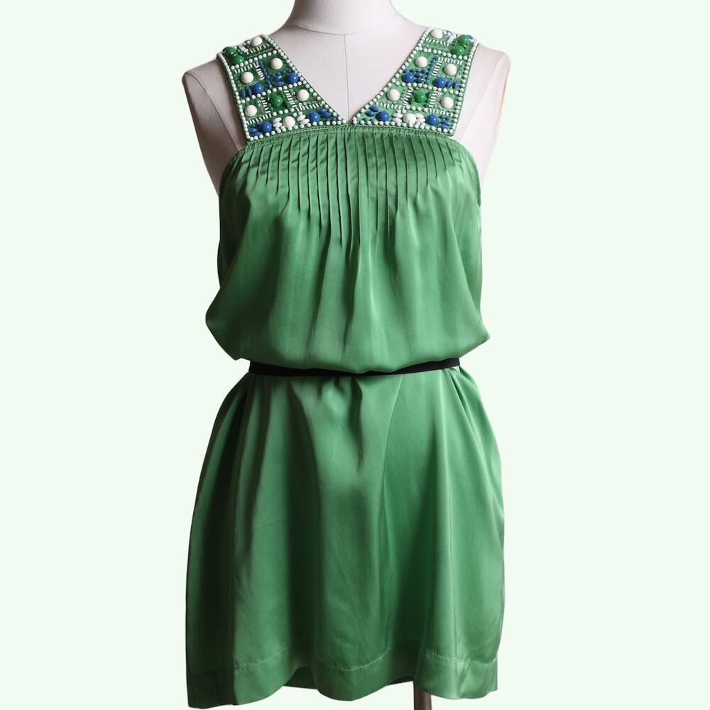 BCBGMAXAZRIA Vintage Green Beaded V Neck Silk Mini Dress